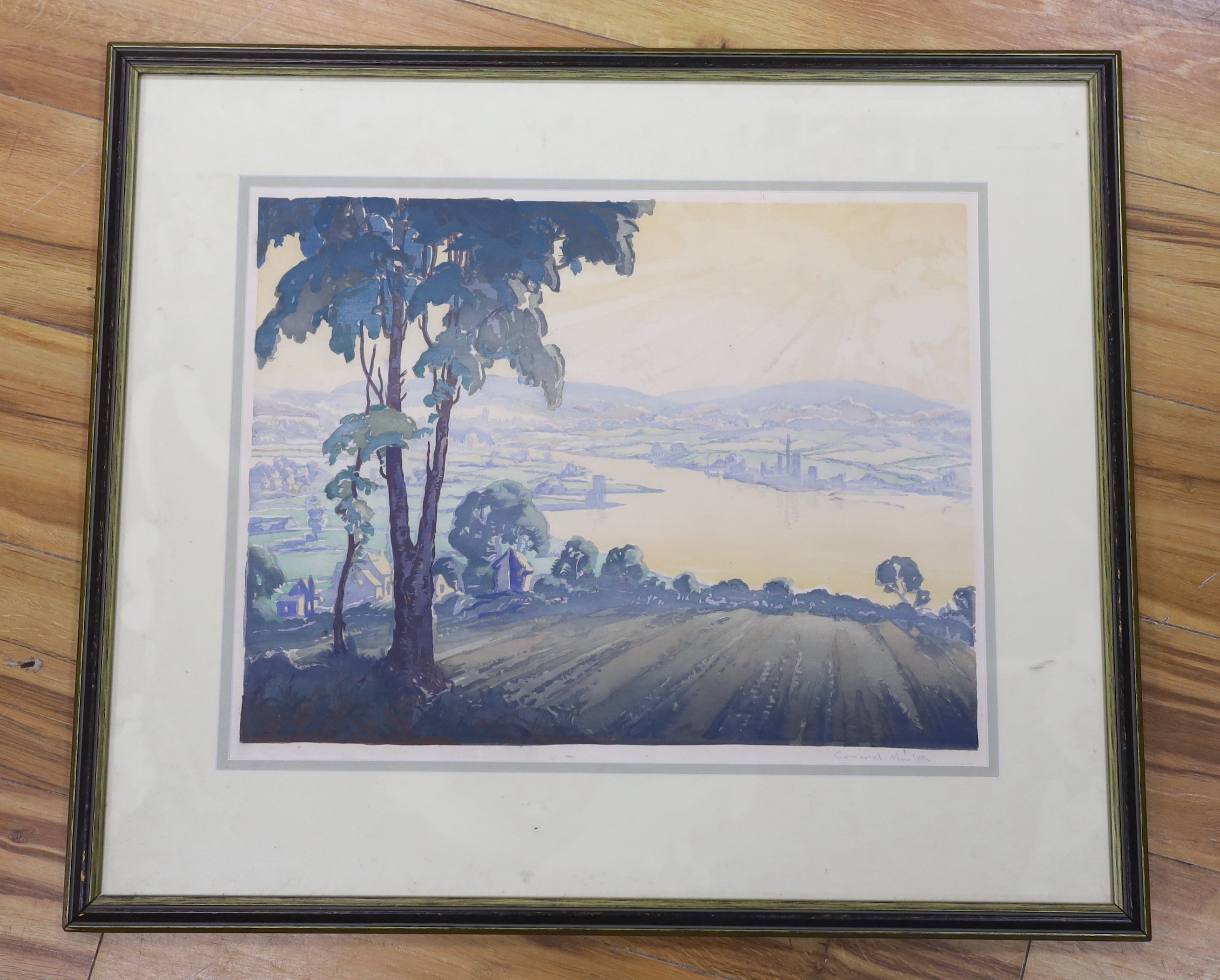 Pair of colour prints, Panoramic river landscape and Woodland, indistinctly signed in pencil possibly Cavendish Morton, 41 x 53cm